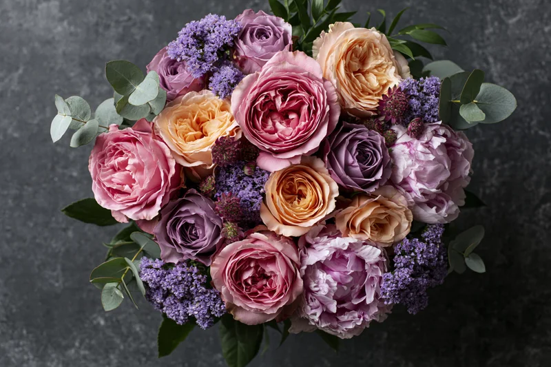 Overhead close-up of a lush mixed flower bouquet with pink roses, purple lilac, peach peonies and eucalyptus leaves on dark textured surface