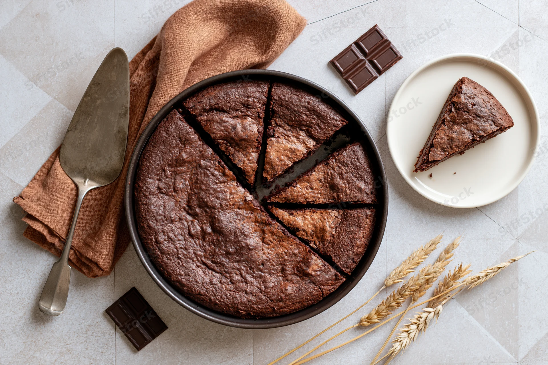 Chocolate brownie cake sliced in pan with one piece on plate, surrounded by chocolate bars, wheat stalks, spatula and cloth napkin on countertop