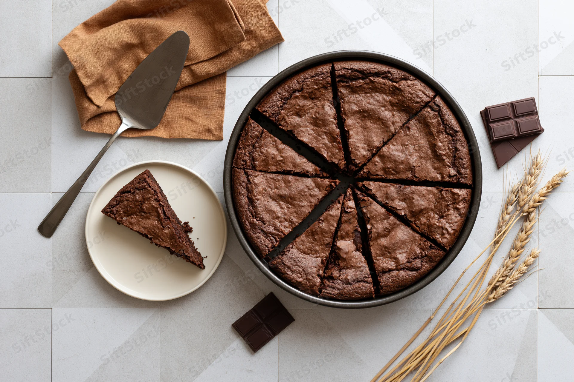 Chocolate brownie cake sliced in pan with single slice on plate, chocolate bars, wheat stalks, spatula, napkin on tiled surface