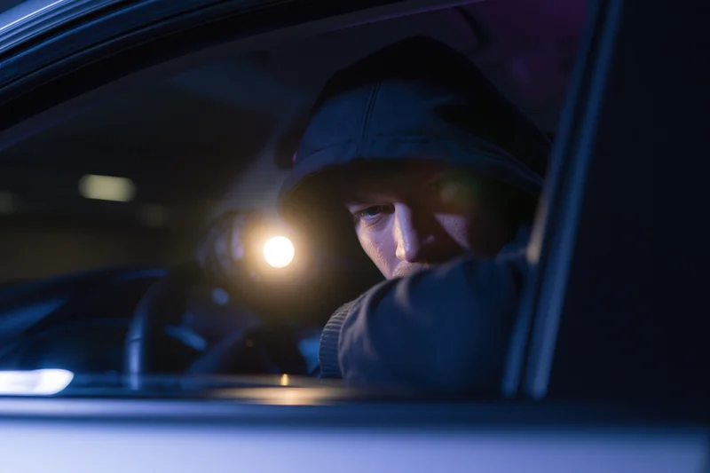 Man in hooded clothing peering through car window at night