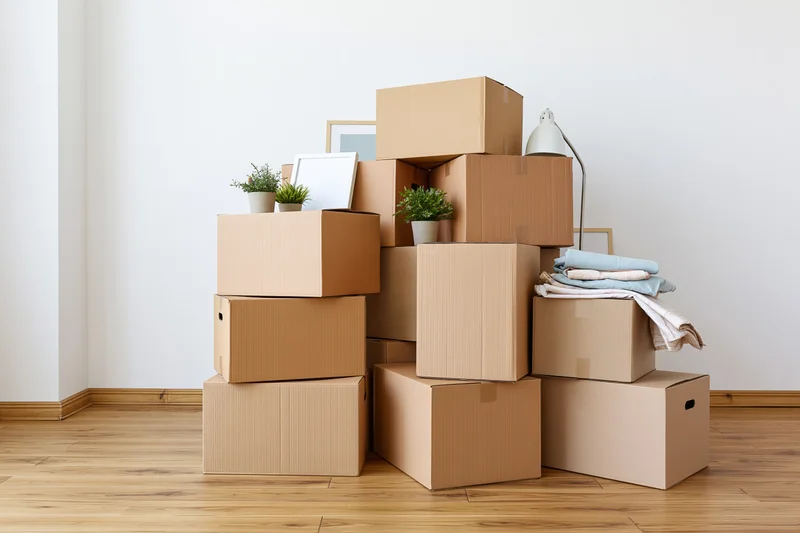 Stack of cardboard moving boxes with plants and towels in a bare white room with wooden floor