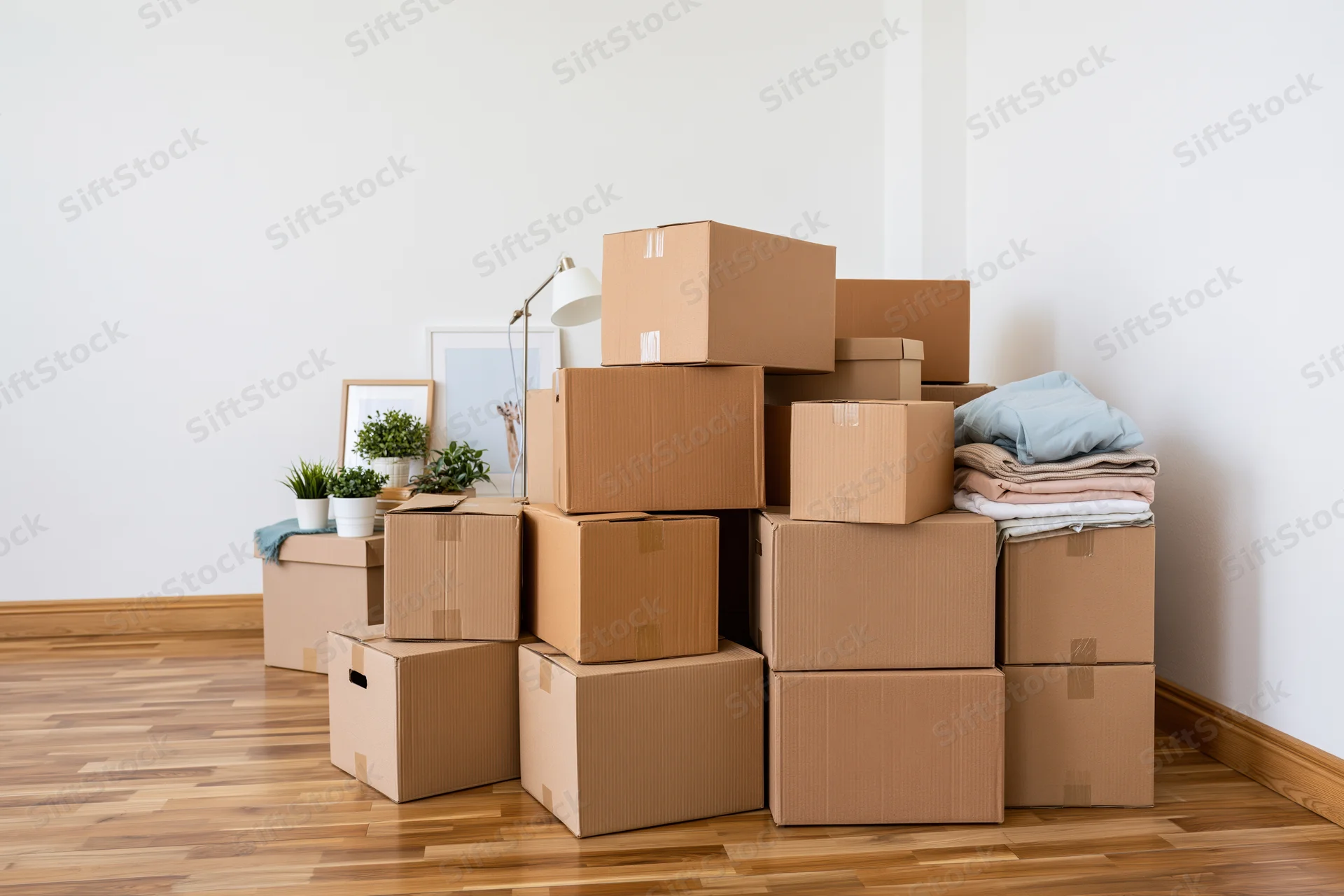 Pile of cardboard moving boxes stacked against a bare white wall in a new home interior
