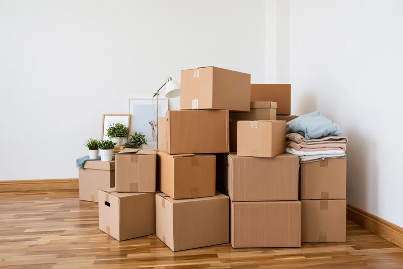 Pile of cardboard moving boxes stacked against a bare white wall in a new home interior