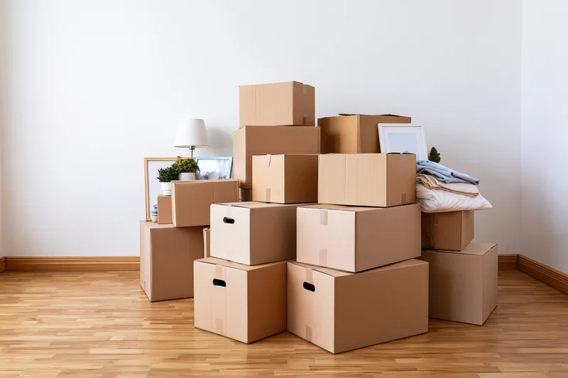 Pile of cardboard moving boxes stacked against a bare white wall in a new home interior