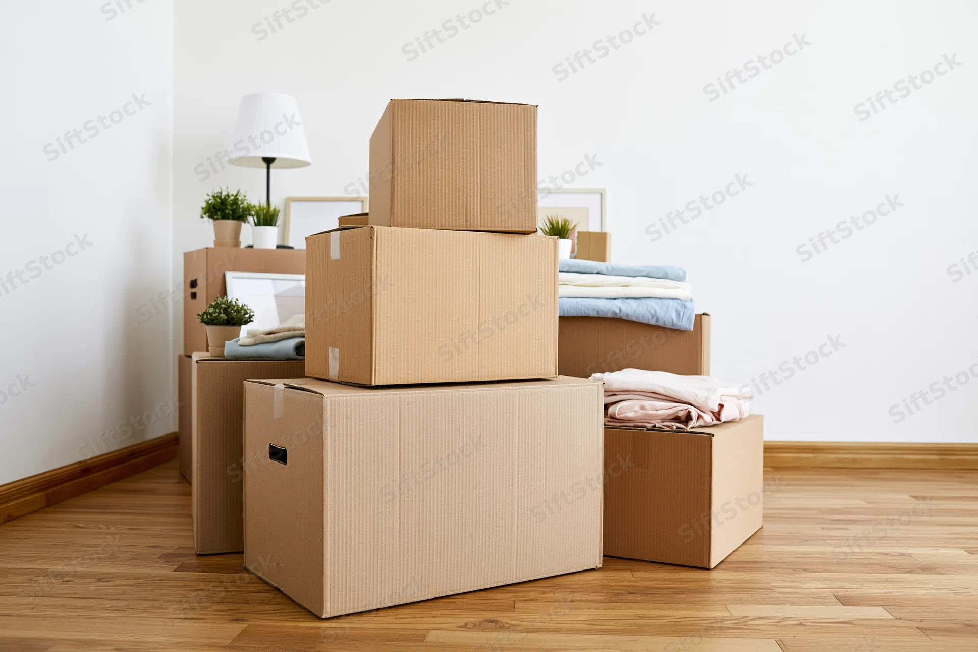 Stacked cardboard moving boxes in a bare room with folded bedding and small plants on a wooden floor