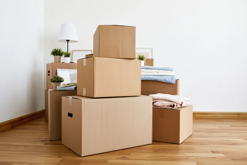 Stacked cardboard moving boxes in a bare room with folded bedding and small plants on a wooden floor