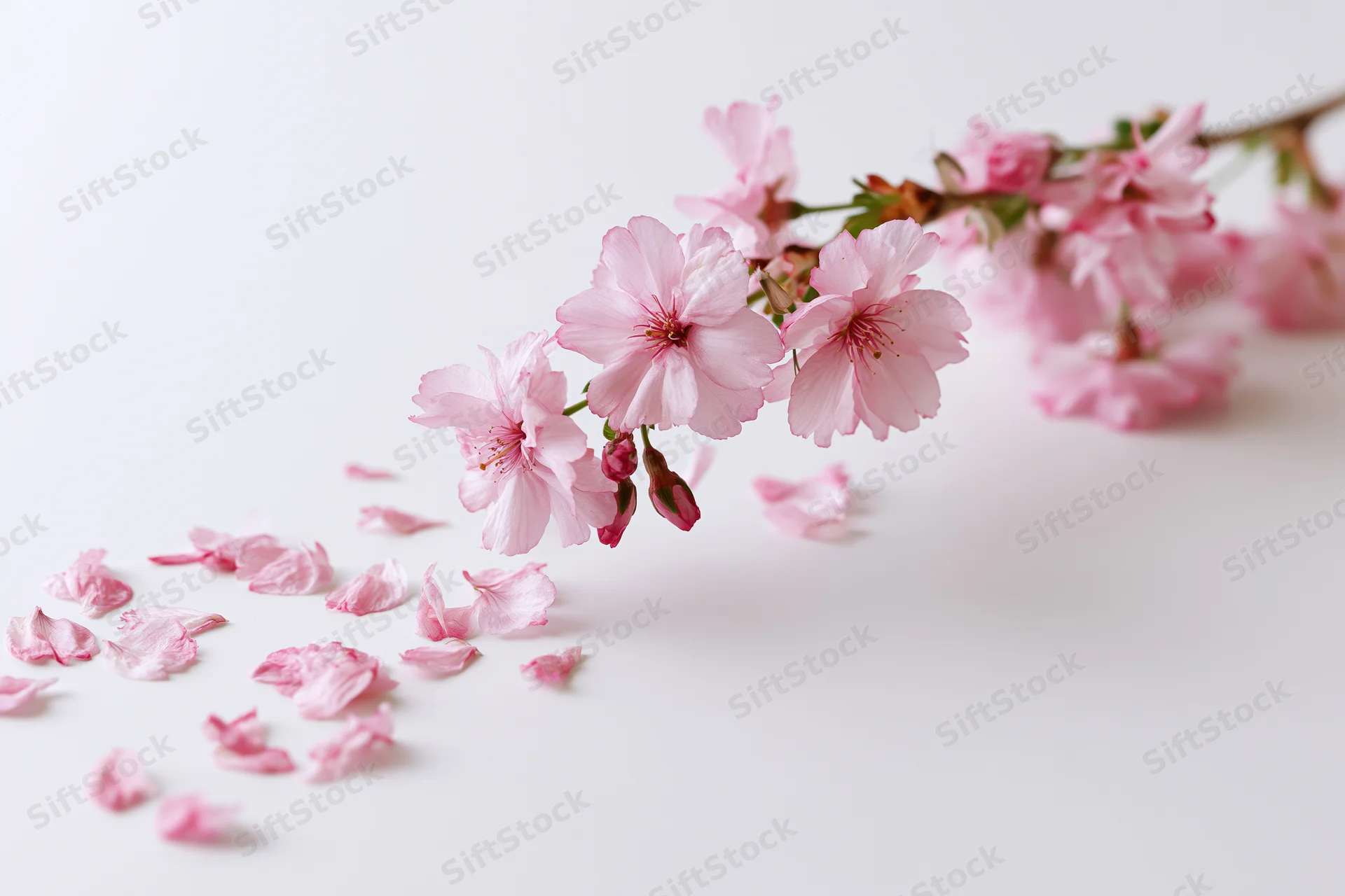 Cherry blossom branch with scattered petals on white background