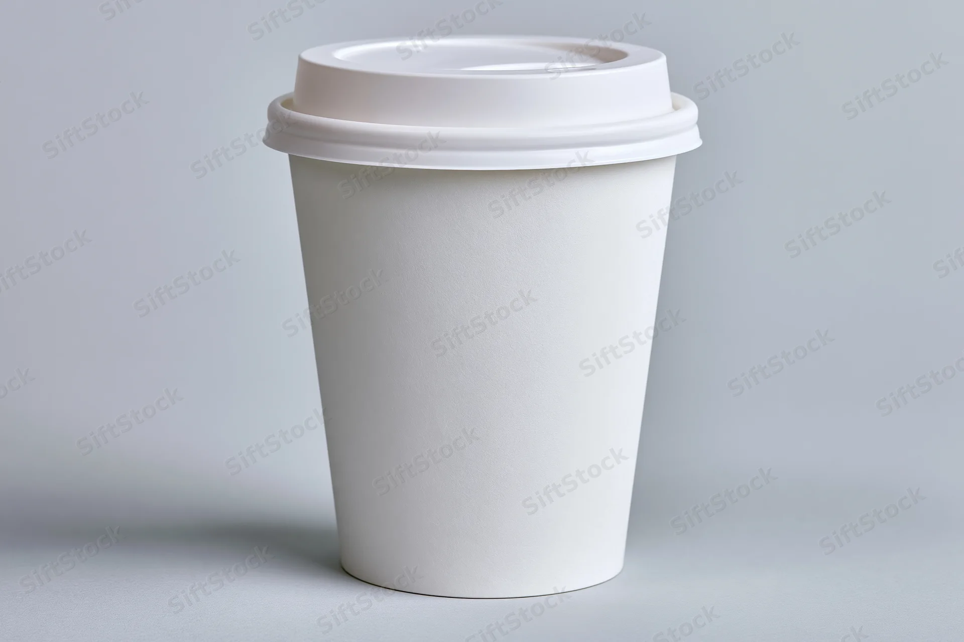 Plain white paper coffee cup with flat plastic lid centered on light gray surface