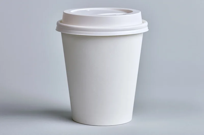 Plain white paper coffee cup with flat plastic lid centered on light gray surface