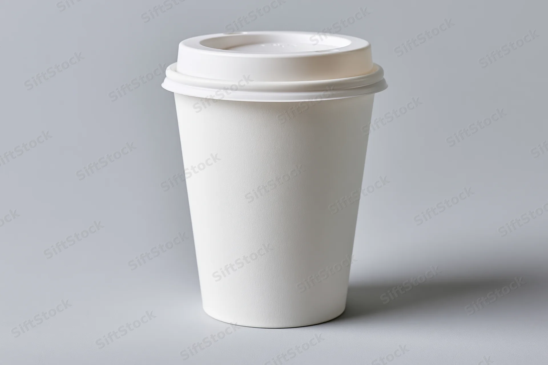 White paper coffee cup with flat plastic lid centered on gray surface