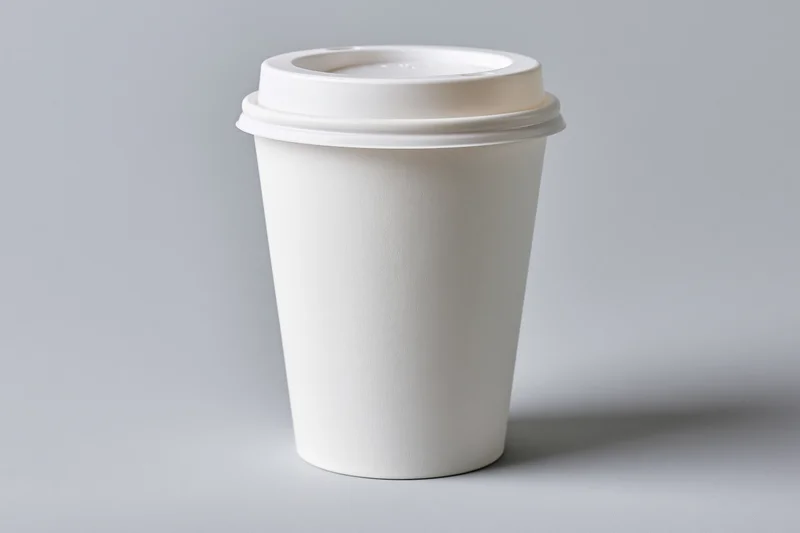 White paper coffee cup with flat plastic lid centered on gray surface