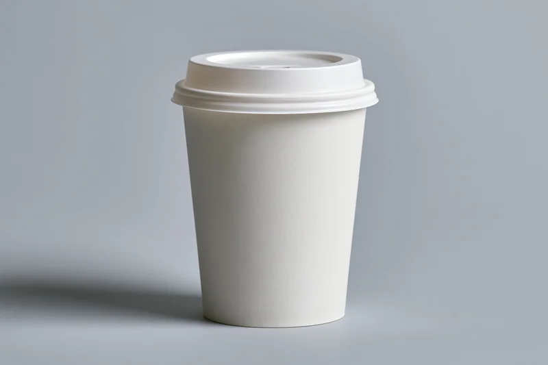 White paper coffee cup with flat plastic lid centered on gray surface