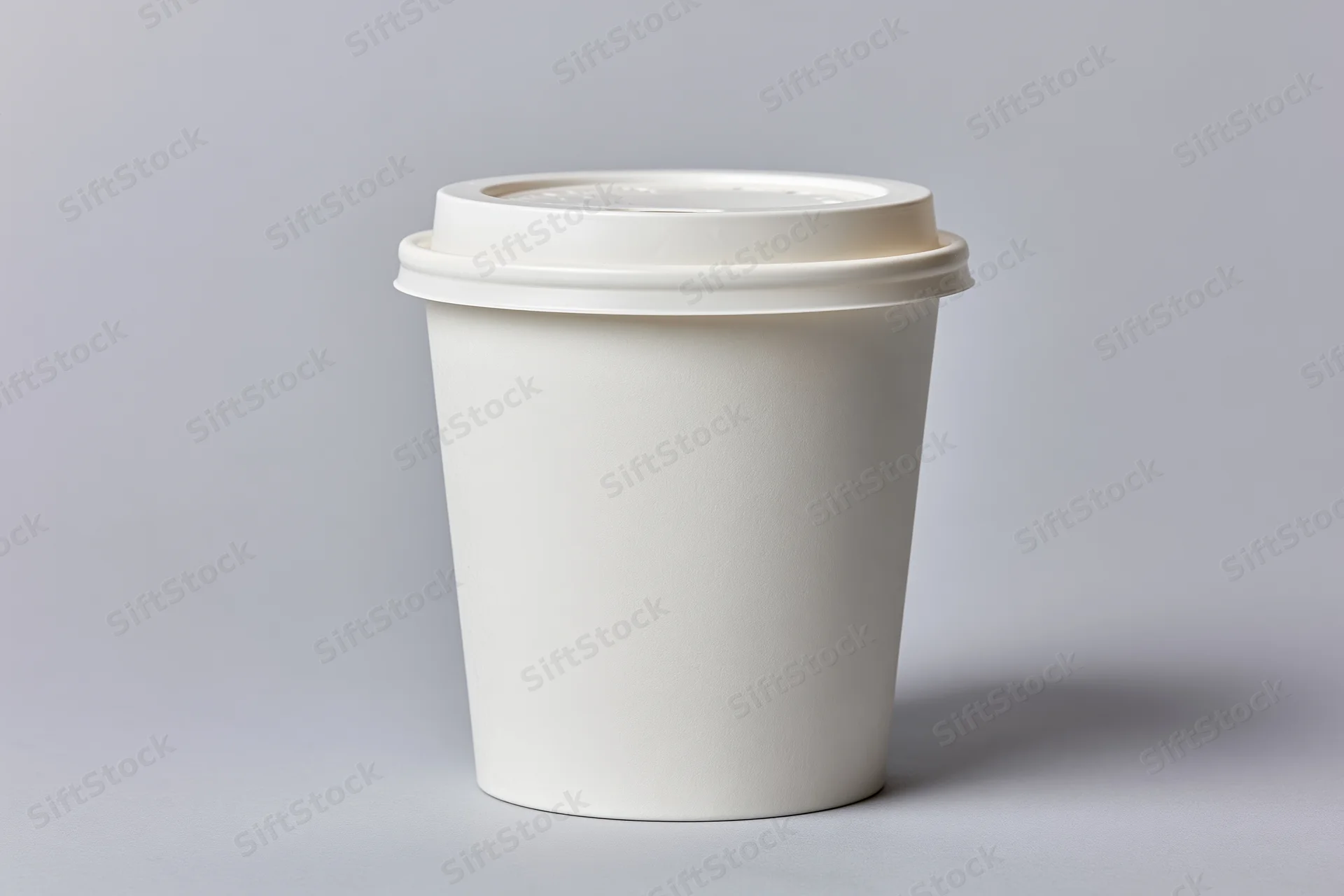 White paper coffee cup with flat plastic lid centered on gray surface
