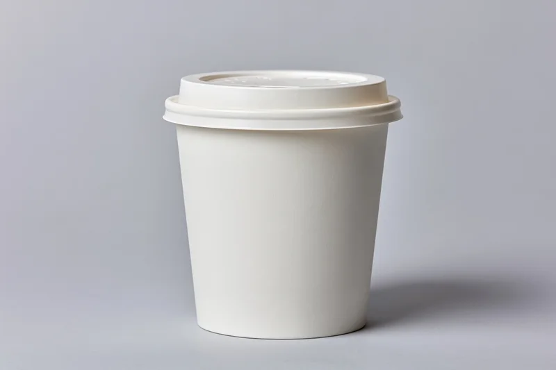 White paper coffee cup with flat plastic lid centered on gray surface