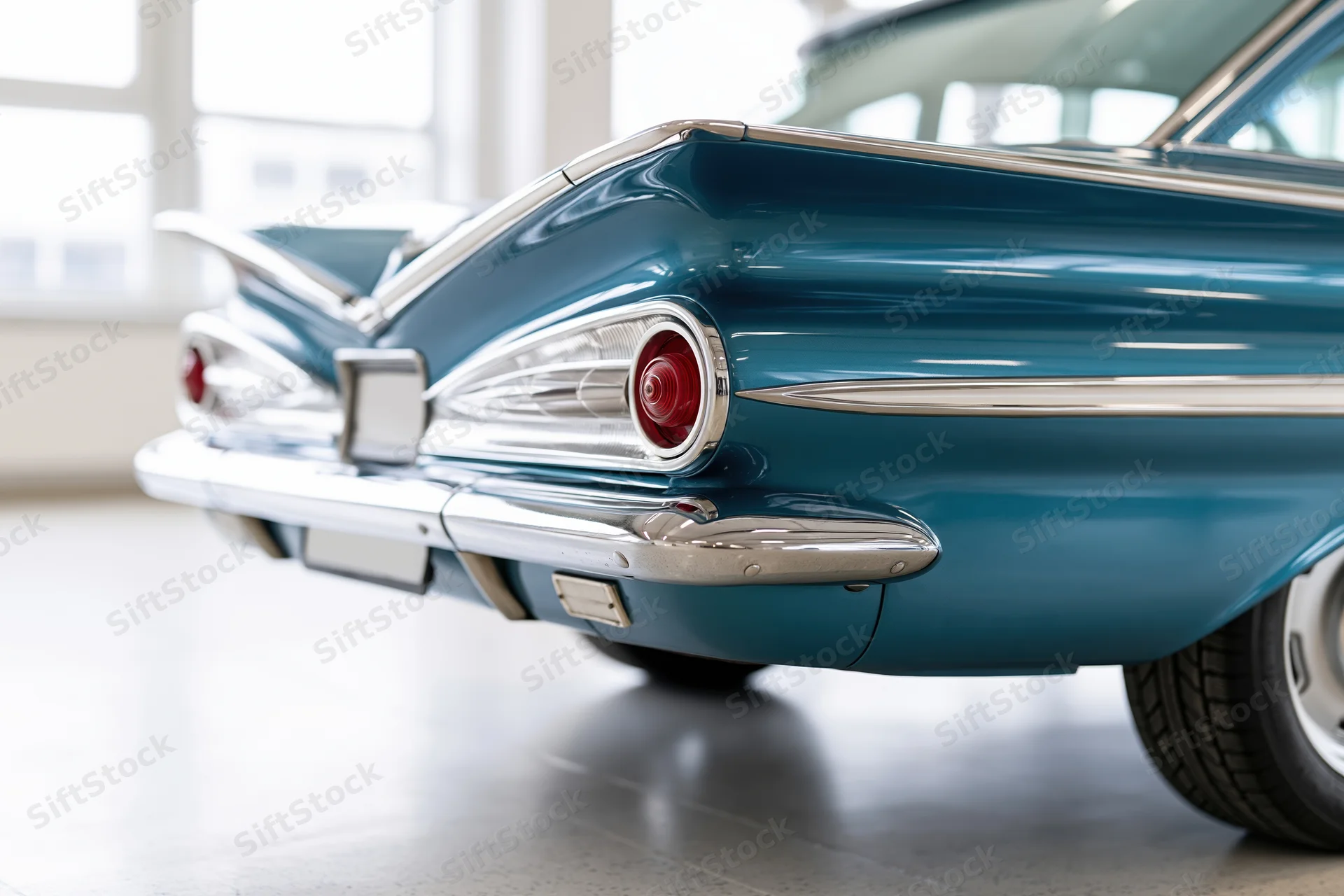 Rear three-quarter view of a restored 1960s american classic car in a showroom