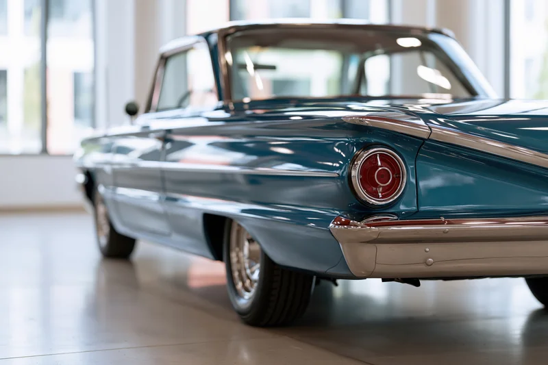 Rear three-quarter view of a restored 1960s american classic car in a showroom