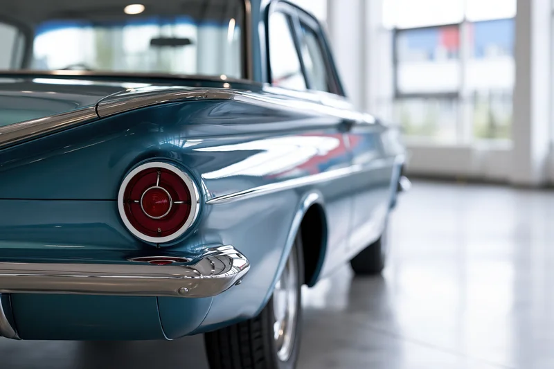 Rear three-quarter view of a restored 1960s american classic car in a showroom