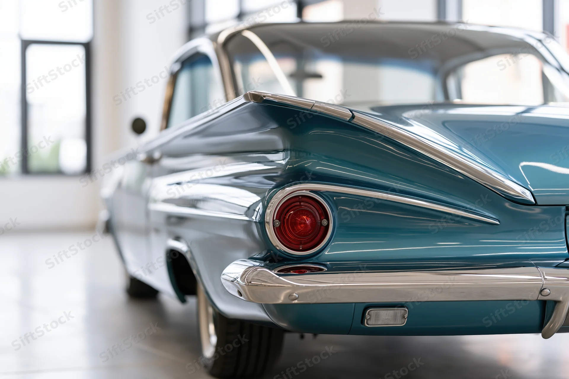 Rear three-quarter view of a restored 1960s american classic car in a showroom