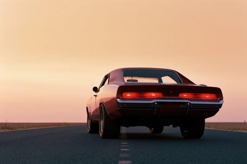 Classic american muscle car driving on open road at sunset