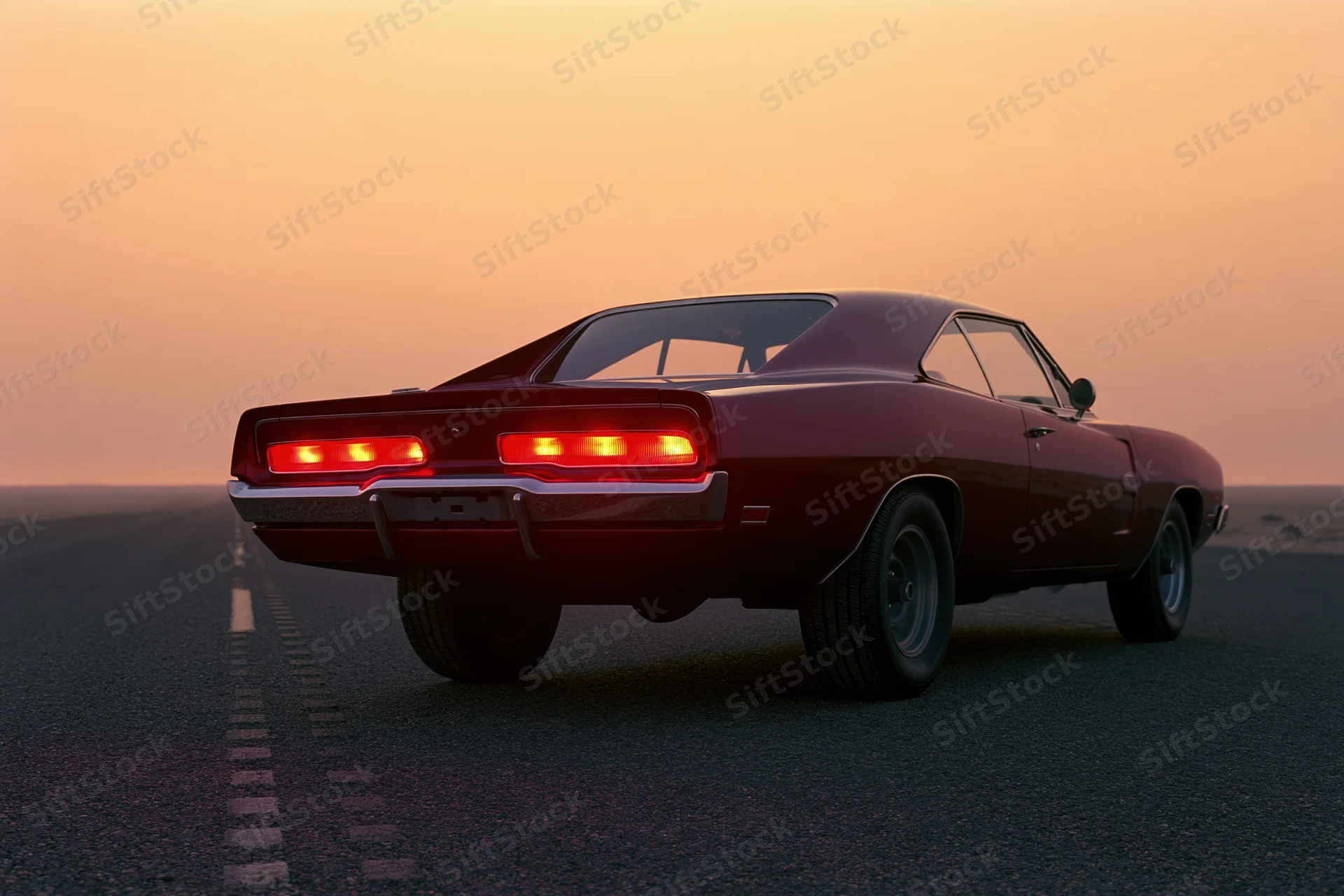 Classic american muscle car viewed from rear with brake lights on driving on empty road at sunset