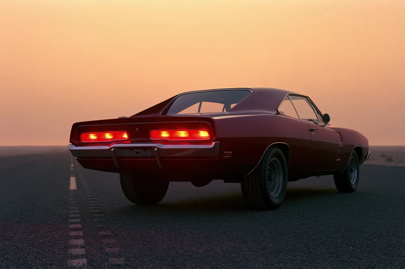 Classic american muscle car viewed from rear with brake lights on driving on empty road at sunset