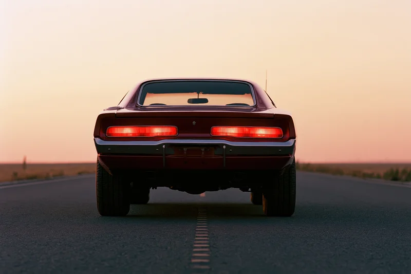 Rear view of a classic american muscle car with brake lights on a desert highway at sunset