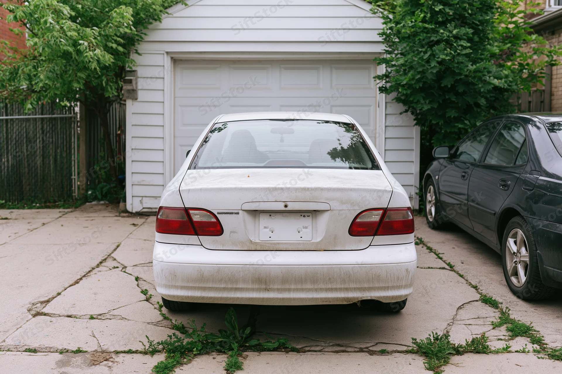 Dirty white sedan parked rear view on cracked concrete driveway in front of garage