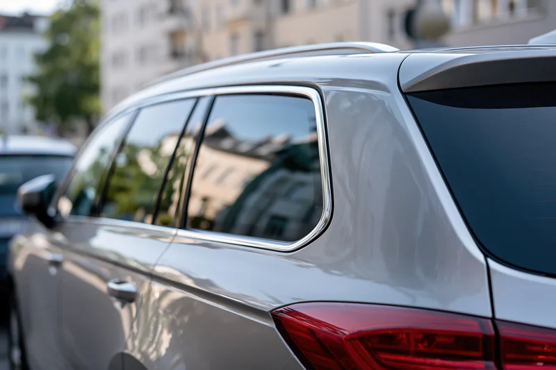 Silver suv rear window and tail light parked on city street