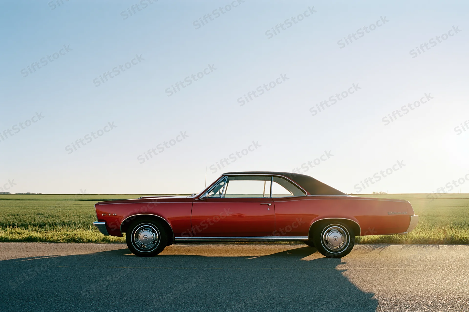 Red classic american muscle car parked on rural road beside grassy field at sunset