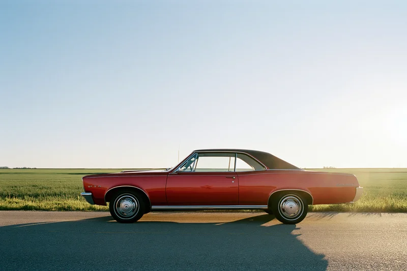 Red classic american muscle car parked on rural road beside grassy field at sunset