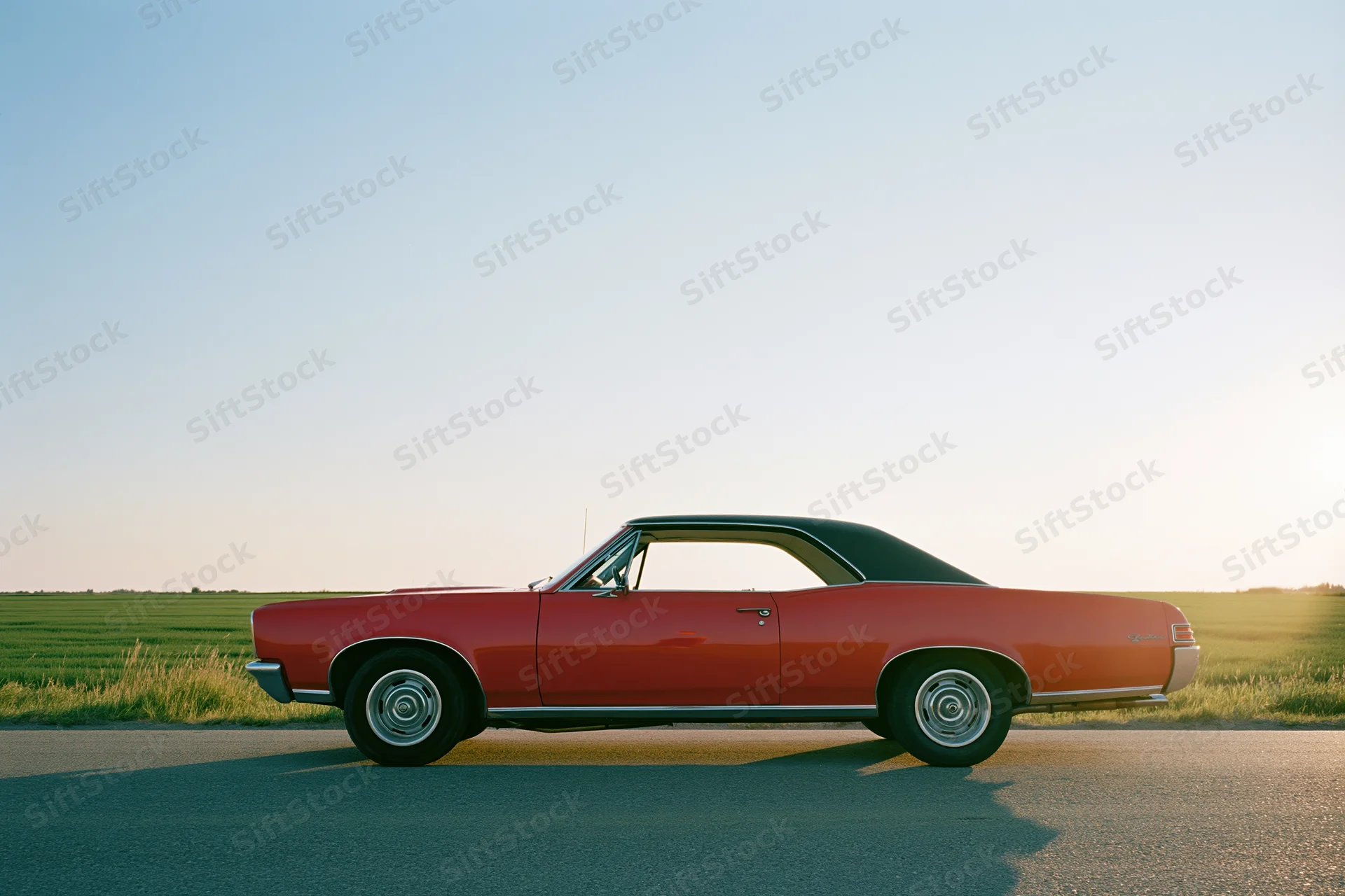 Red 1960s american muscle car parked on rural road at sunset side view