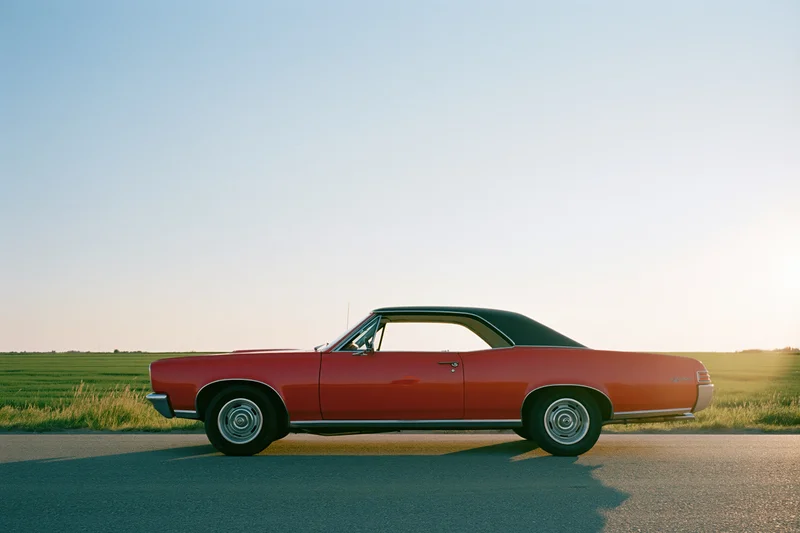 Red 1960s american muscle car parked on rural road at sunset side view