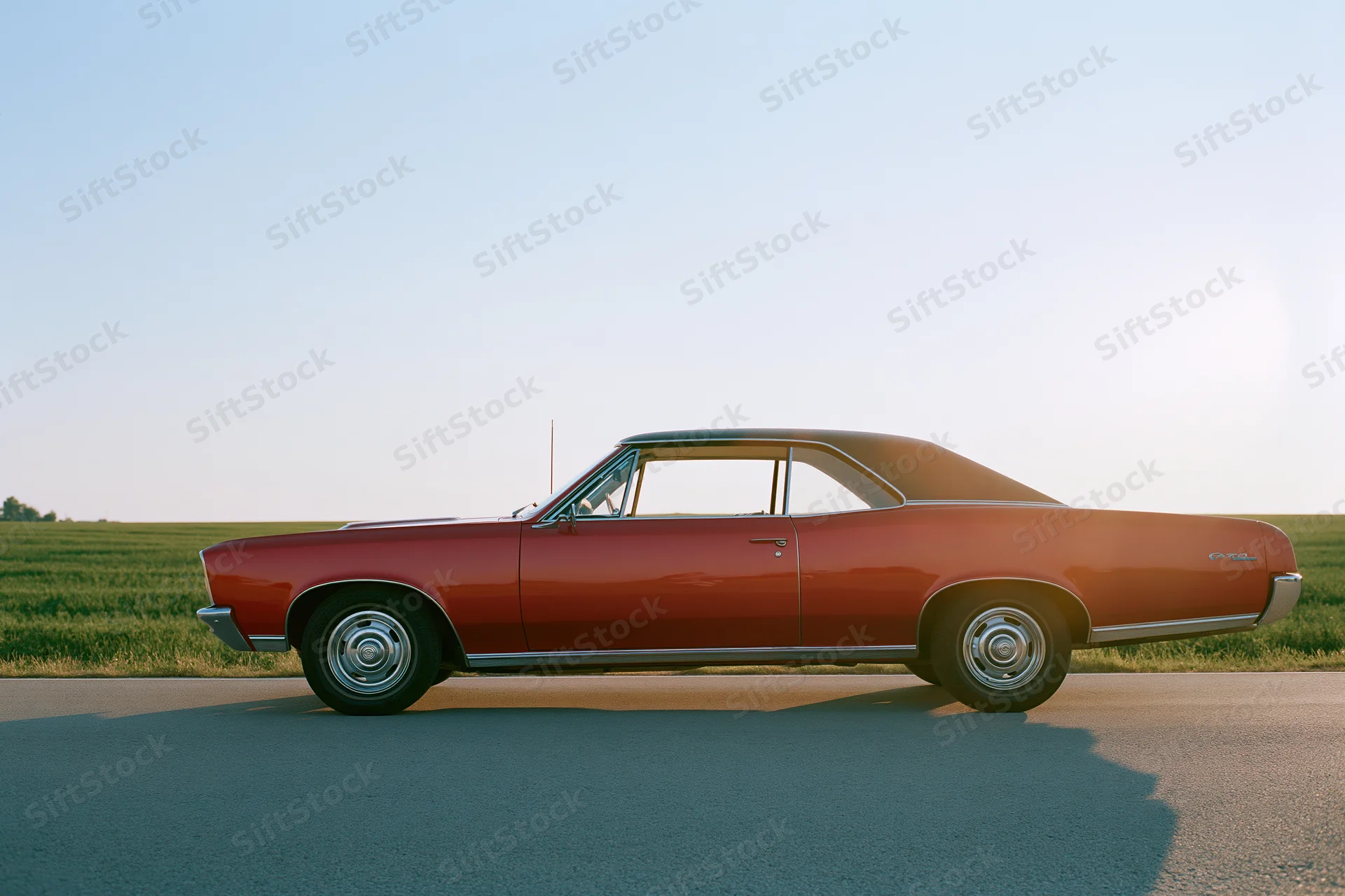 Red 1960s american muscle car parked on rural road at sunset, side profile view