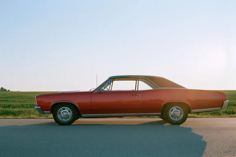 Red 1960s american muscle car parked on rural road at sunset, side profile view