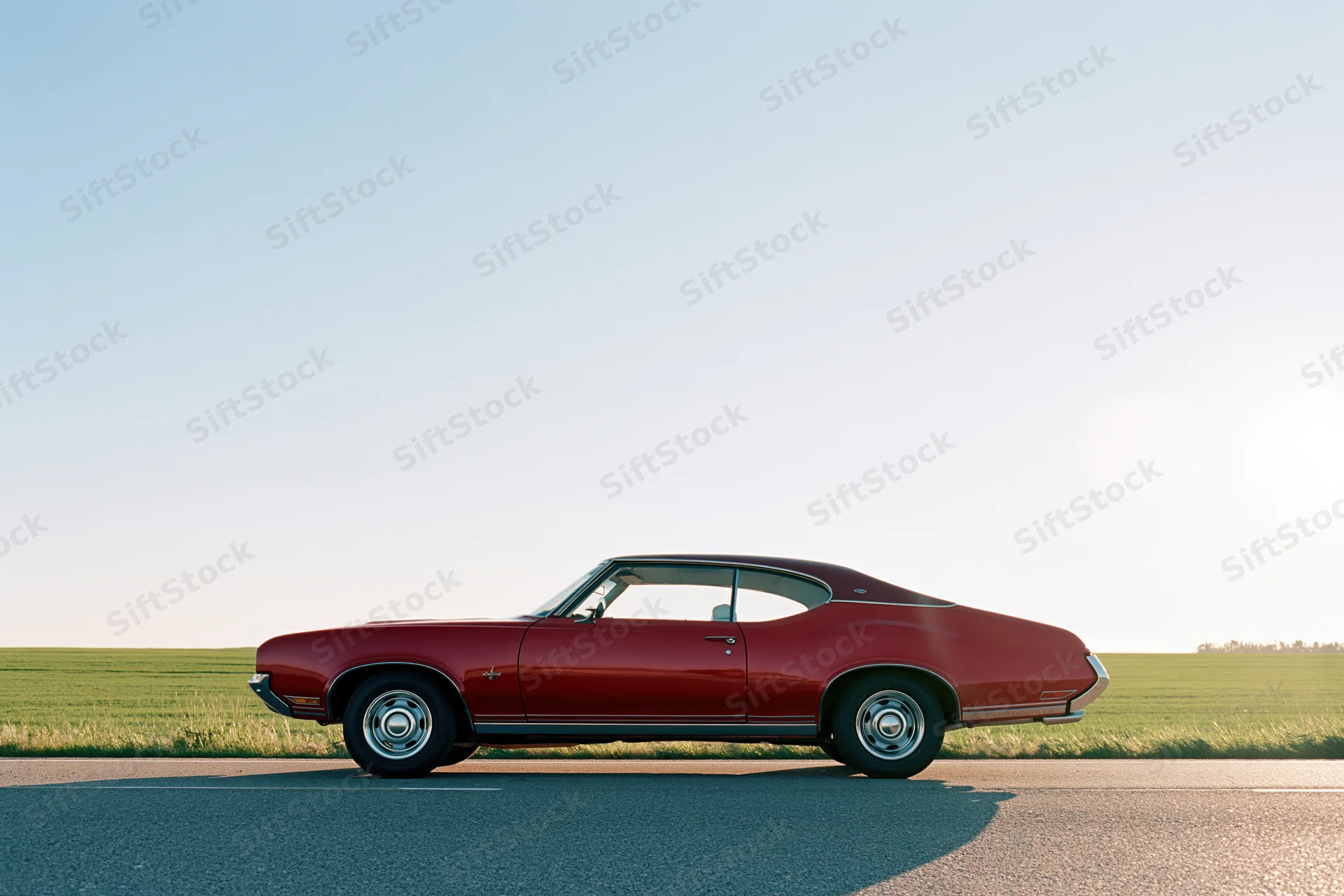 Red 1960s american muscle car parked on flat rural road side view