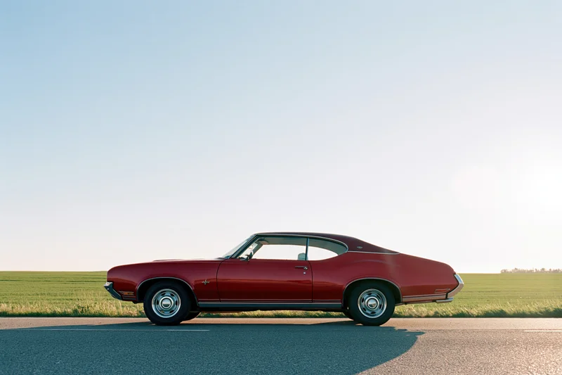 Red 1960s american muscle car parked on flat rural road side view