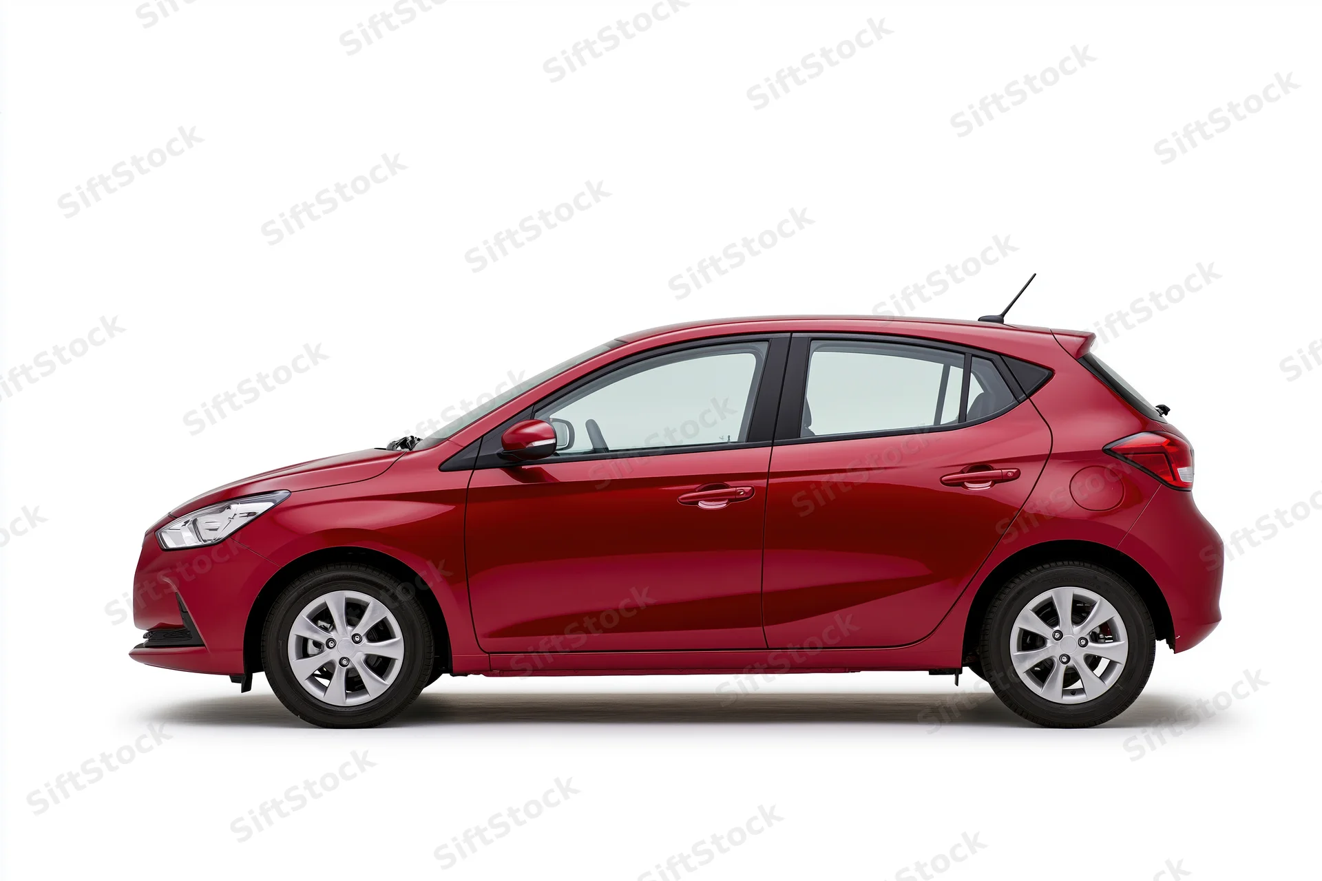 Red compact hatchback car in clean side profile view on white background