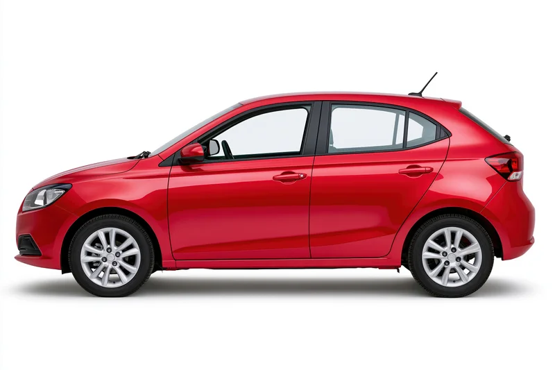 Red compact hatchback car in clean side profile view on white background