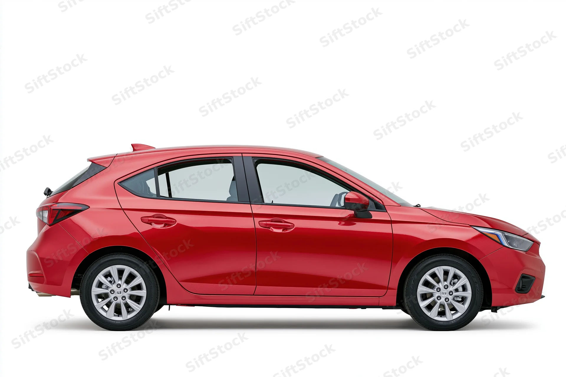Red compact hatchback car in clean side profile view on white background