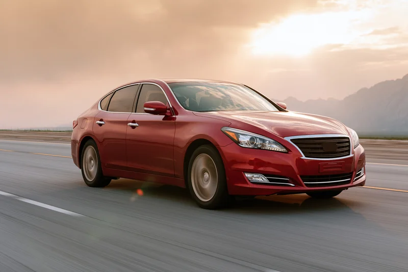 Red luxury sedan driving on open highway at sunset
