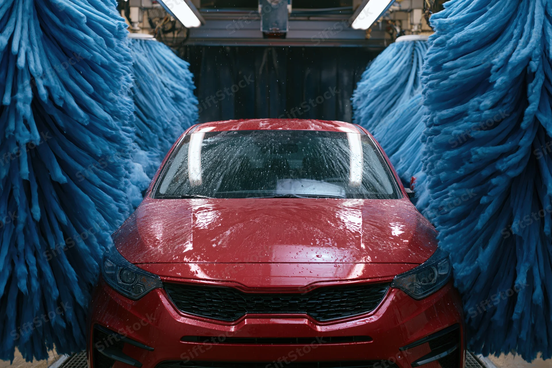 Red sedan moving through automatic car wash tunnel flanked by blue brushes