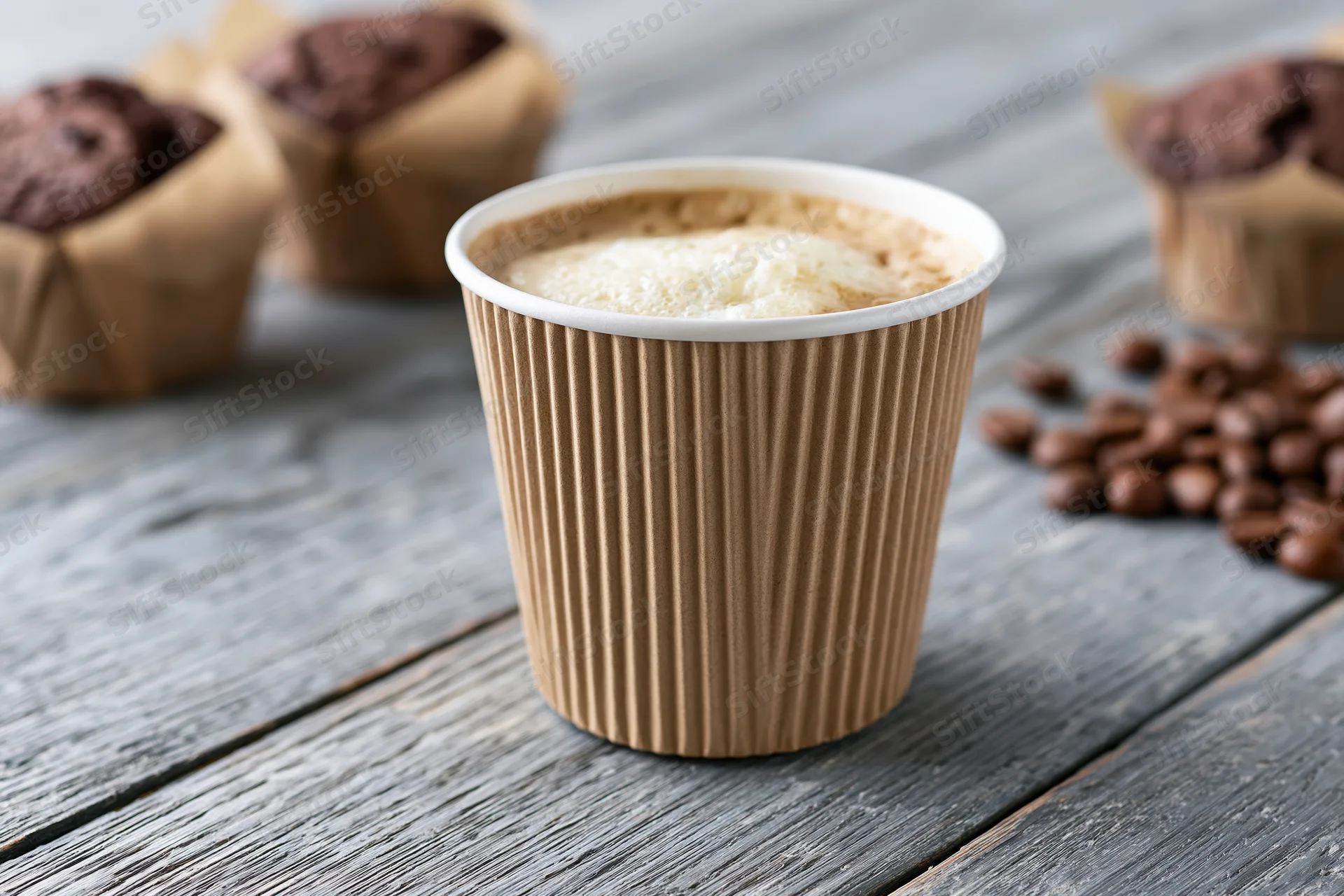 Ripple-wrap paper coffee cup filled with latte on a rustic wooden table with chocolate muffins and scattered coffee beans nearby