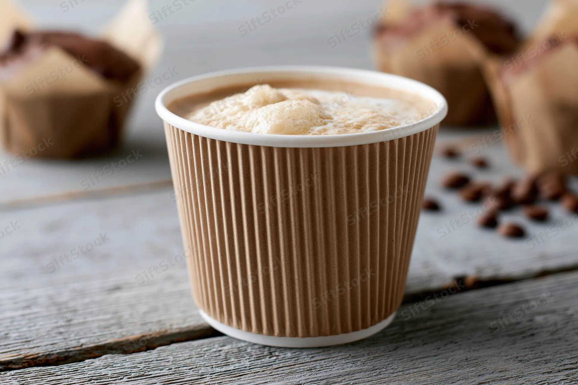 Ripple-wrap paper coffee cup filled with latte on wooden table with muffins and coffee beans nearby