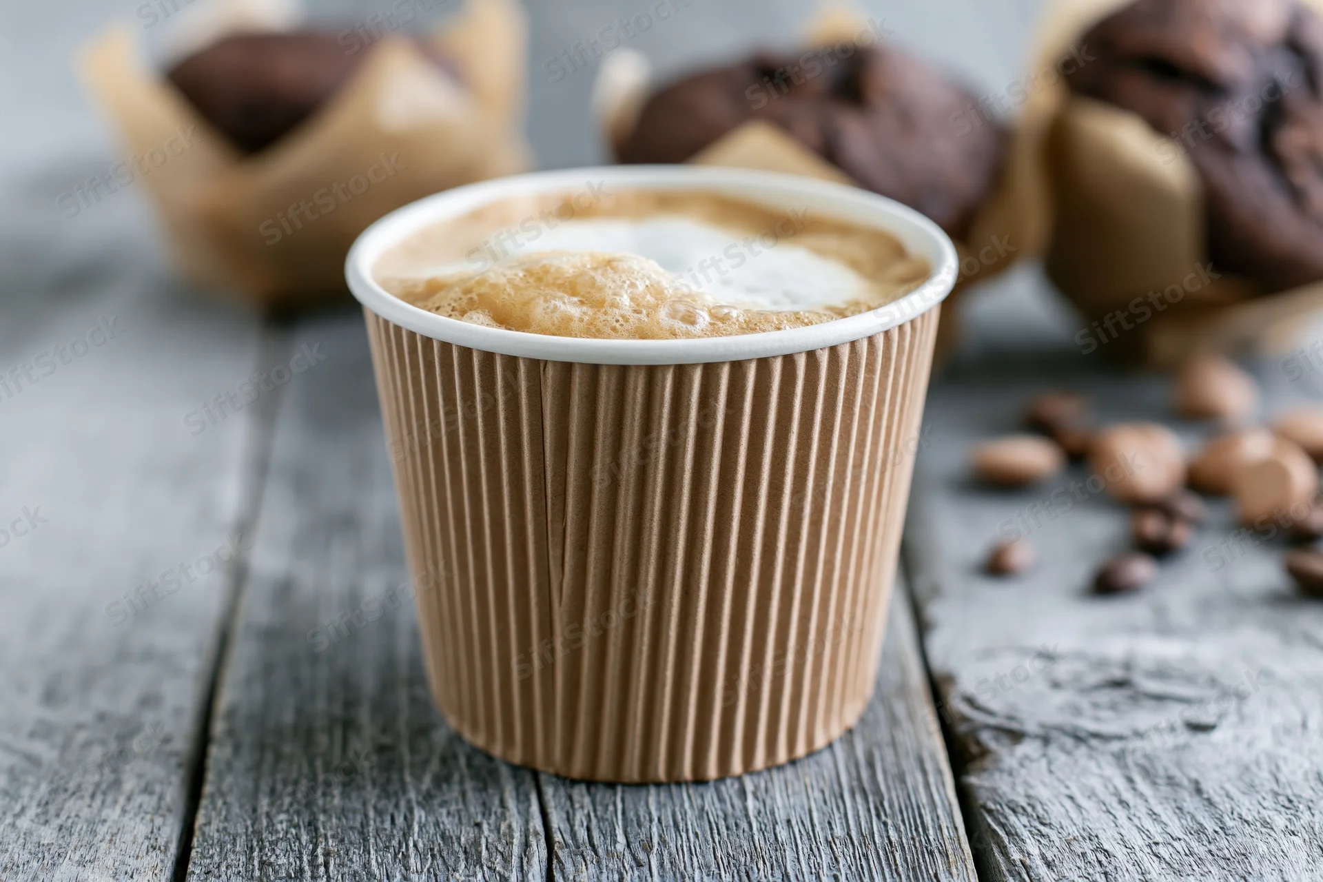 Ripple-wrap paper coffee cup filled with latte foam on a dark wooden table with chocolate muffins and scattered coffee beans nearby