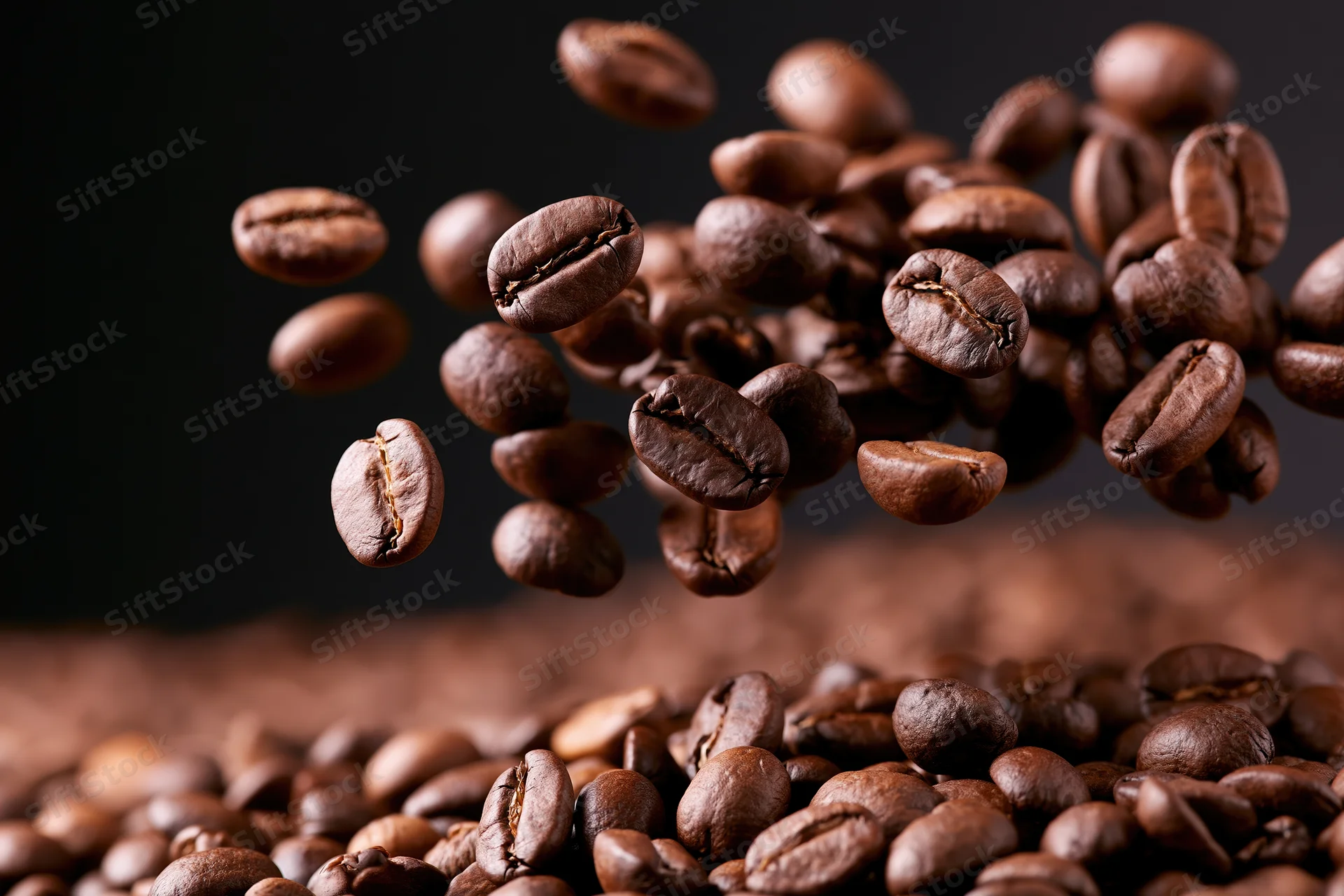 Roasted coffee beans falling and tumbling onto a pile against a dark background