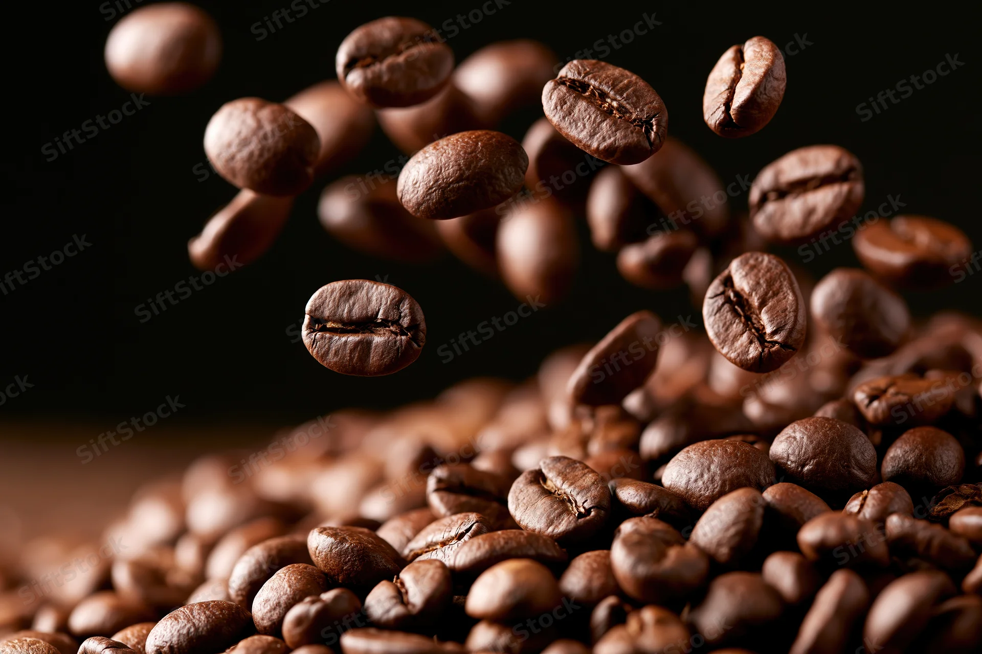 Roasted coffee beans falling and tumbling onto a pile against a dark background