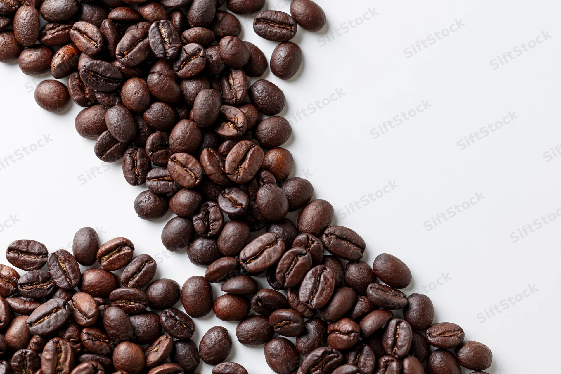 Roasted coffee beans scattered across white surface in diagonal pattern