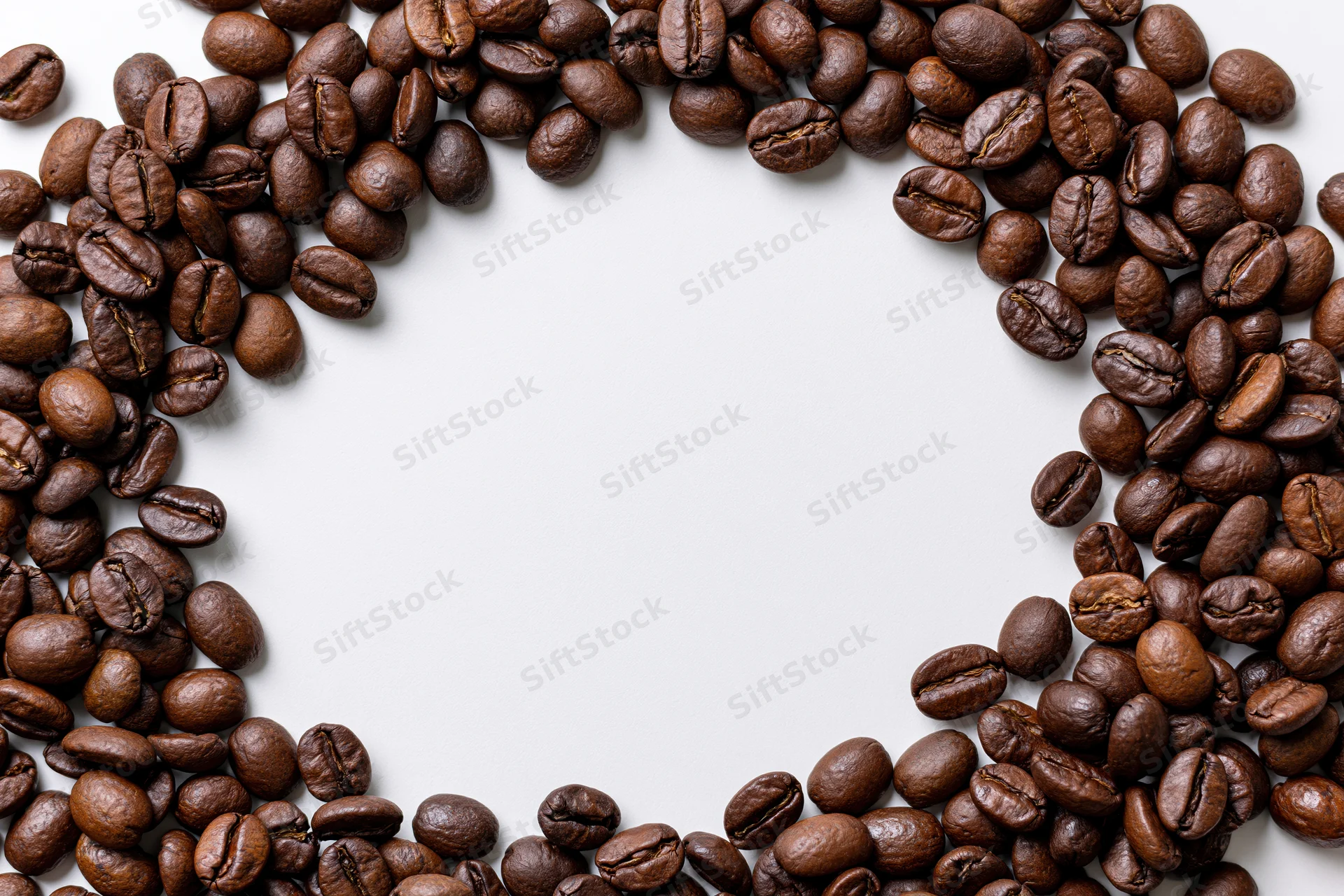 Roasted coffee beans arranged in a curved border on a white background with copyspace