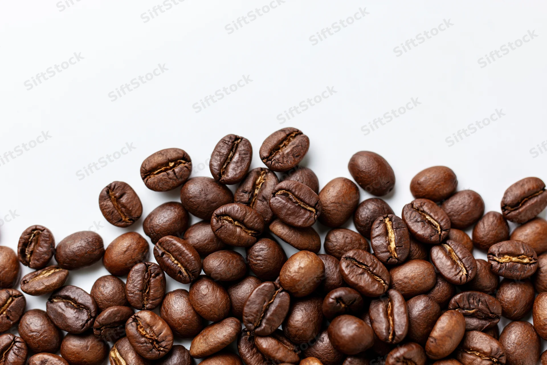 Roasted coffee beans scattered along the bottom left on a white background