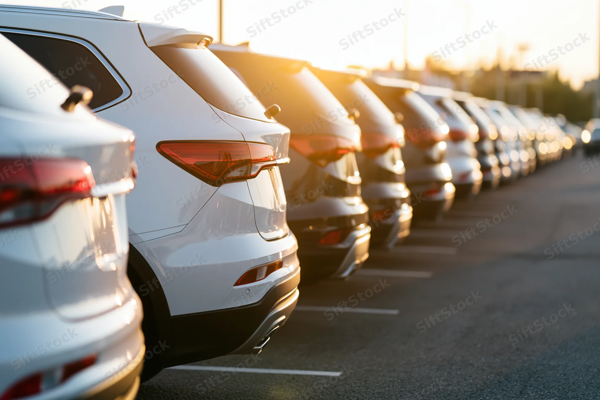 Row of suvs parked in a dealership lot viewed from behind during golden hour